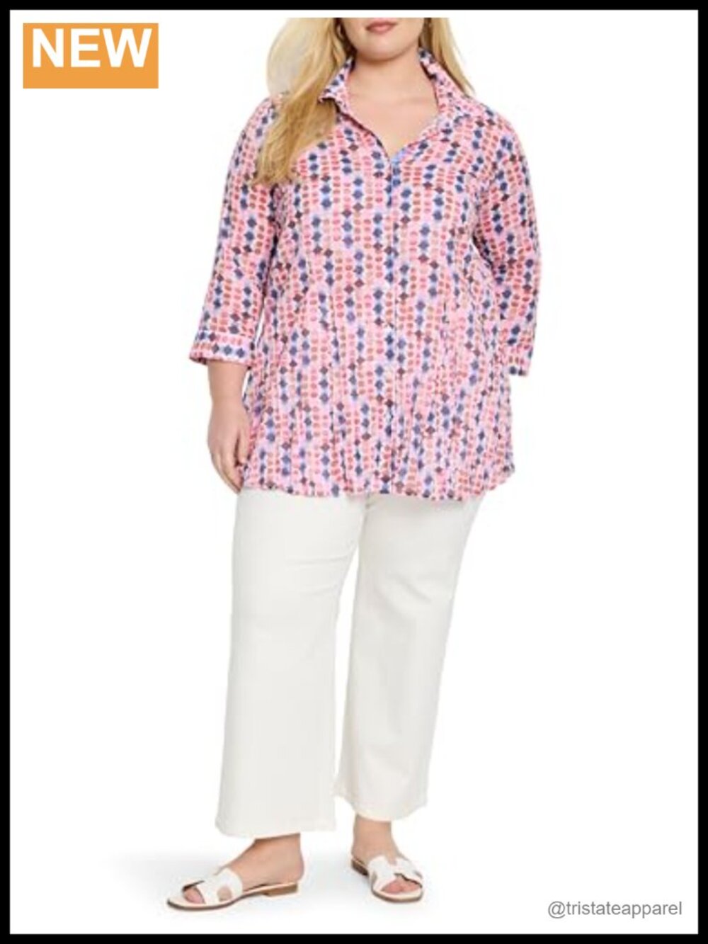 NIC+ZOE Geo Dot Long Crinkle Shirt Women's Cotton Button Front Blouse 3/4 Sleeve